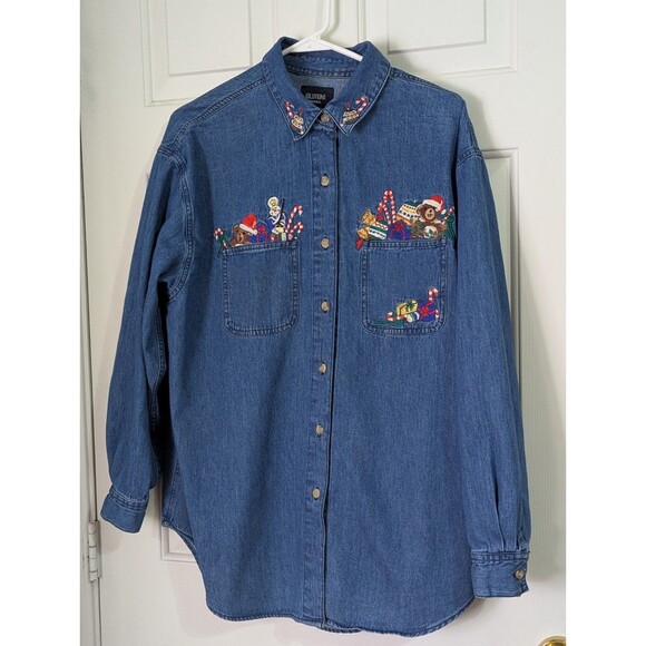 VTG Solutions Denim Christmas Shirt Womens Large Embroidered Candy Canes Toys - Picture 1 of 8